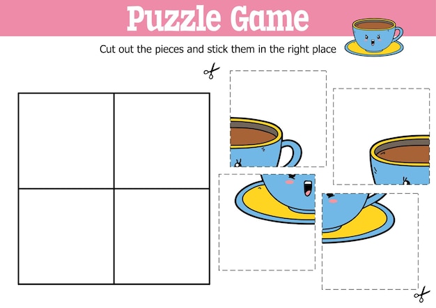Образовательная игра-головоломка для детей, чтобы вырезать и склеивать кусочки с персонажем мультяшной чашки