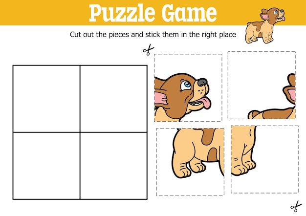 漫画の子犬のキャラクターでピースをカットして貼り付ける教育キッズパズルゲーム