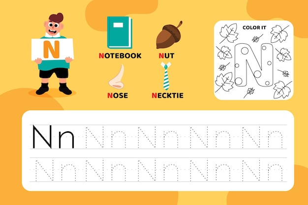 Vector educational letter n worksheet with illustrations