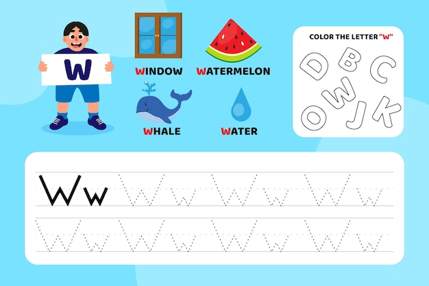 Vector educational letter w worksheet with illustrations