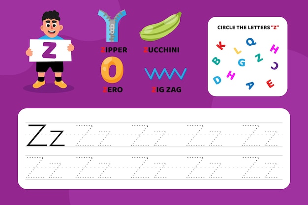 Educational letter z worksheet with illustrations