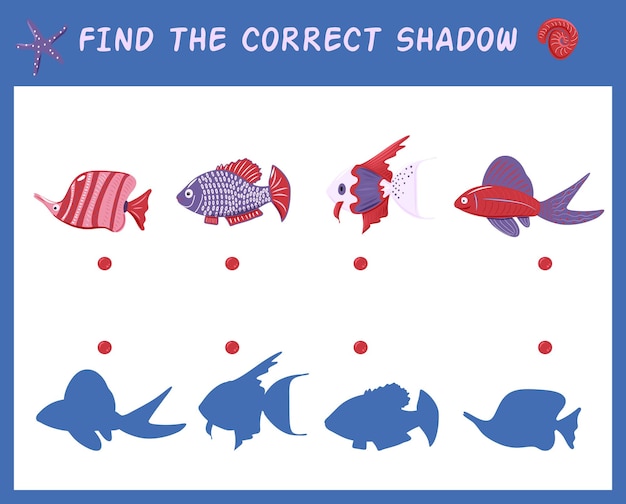 Educational matching game for children Find the correct shadow Cartoon fish