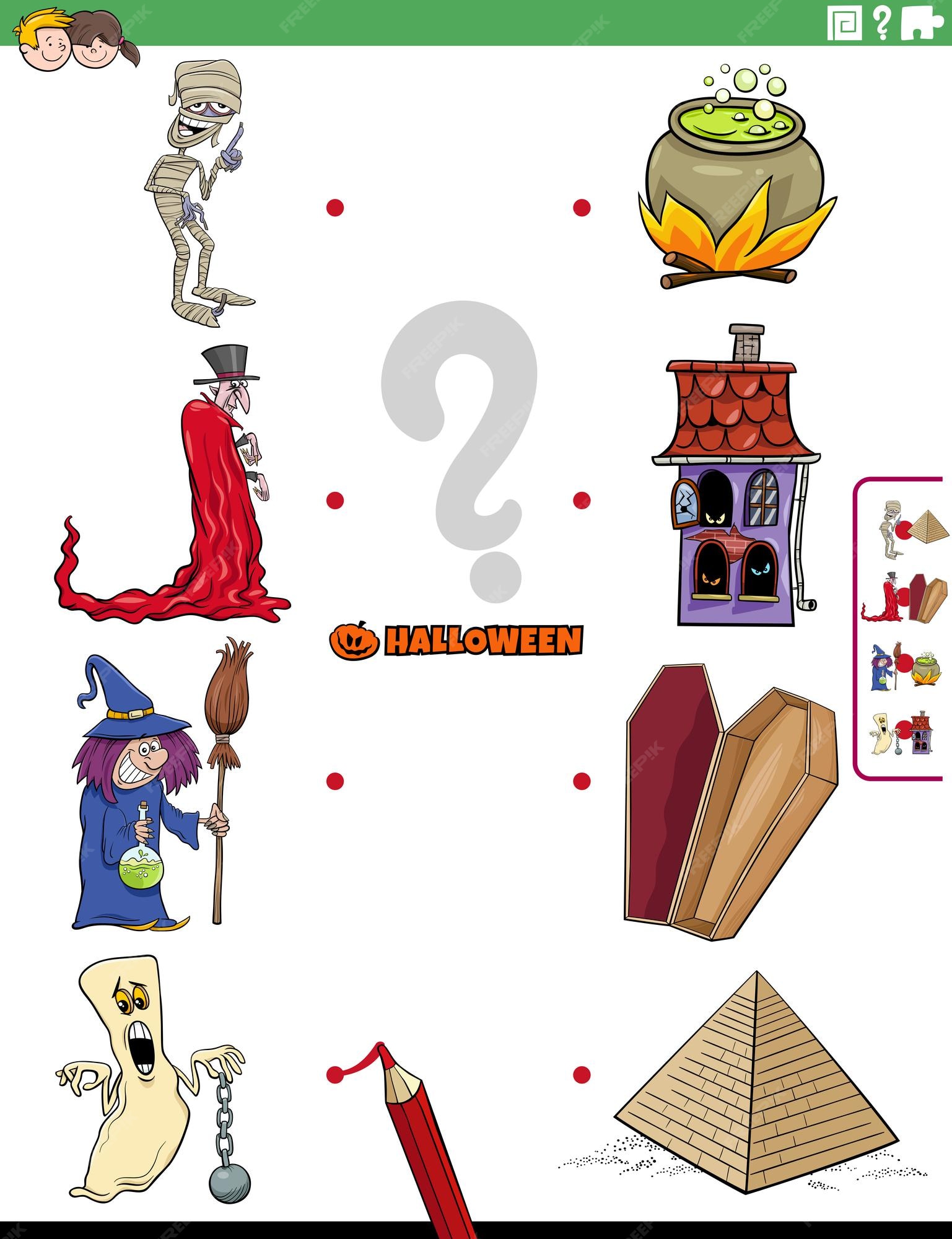 Premium Vector  Educational matching game for kids with spooky halloween  characters