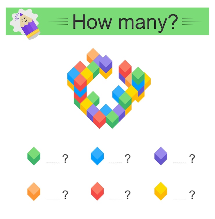 Vector educational math game for kids count how many red yellow blue green cubes worksheet
