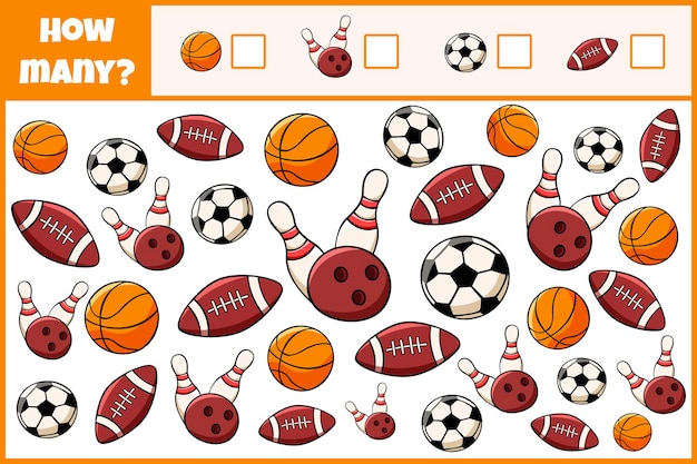 educational mathematical game count how many sports equipment counting game for children