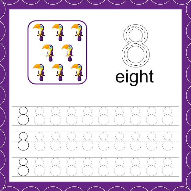 Educational maths worksheets Toucan Trace the line Number eight