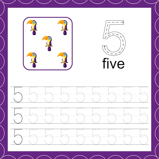 Educational maths worksheets Toucan Trace the line Number five