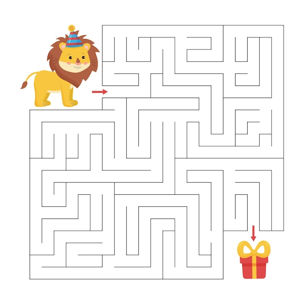 Vector educational maze game for children. help the lion find way to gift.