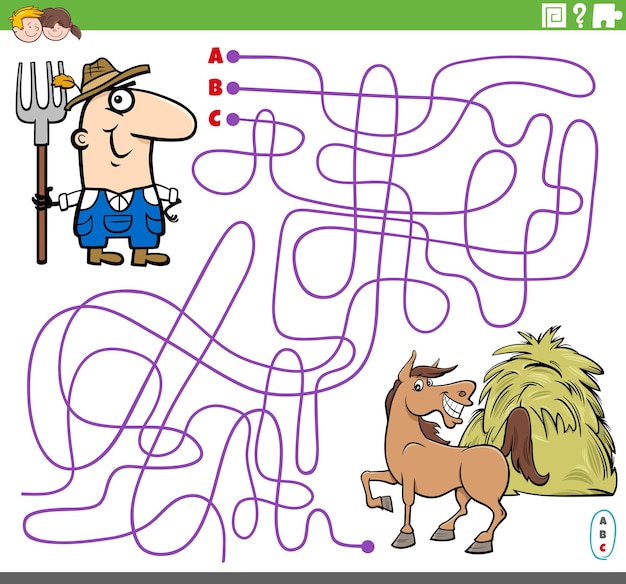 Vettore gioco educativo labirinto con contadino e cavallo dei cartoni animati