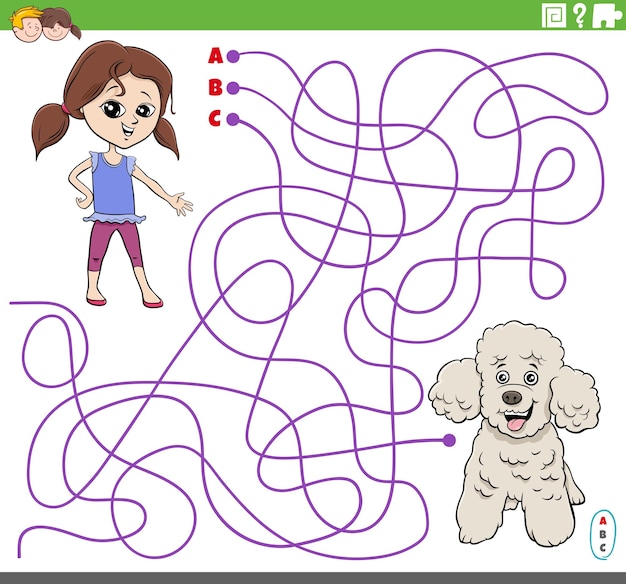 Educational maze game with cartoon girl and poodle dog