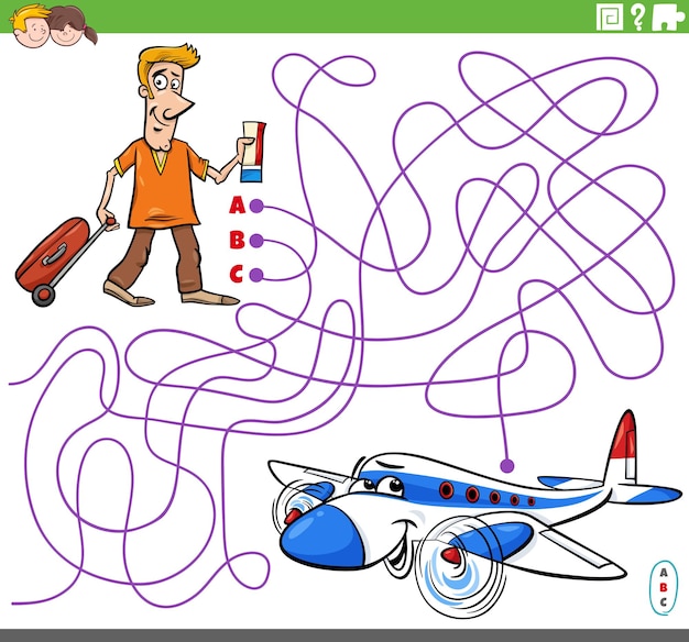만화 남자와 비행기와 교육 미로 게임