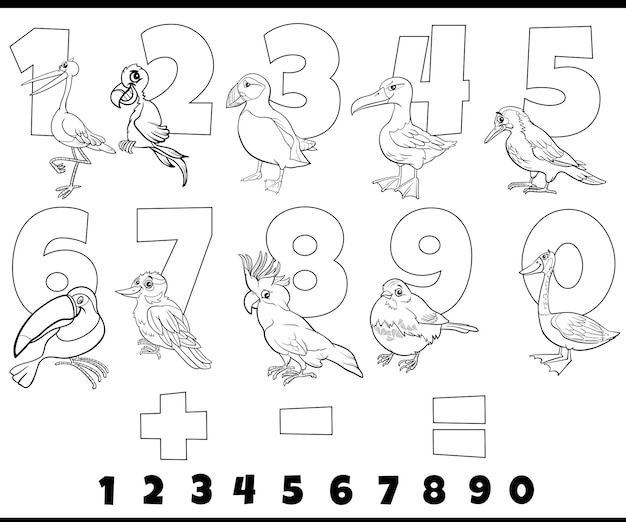 Educational numbers set with cartoon birds coloring page