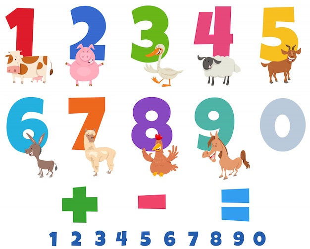 Educational numbers set with funny farm animals