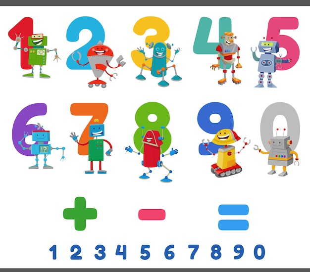 Vector educational numbers set with happy robots characters