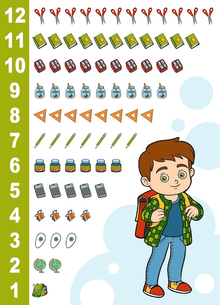 Educational poster for children about numbers learning counts for preschoolers boy and school items