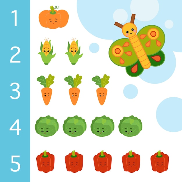 Educational poster for kids about numbers learning counts for preschoolers butterfly and vegetables