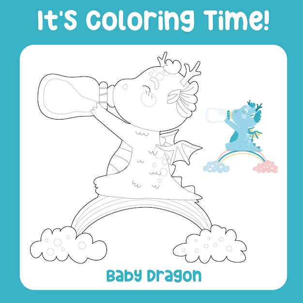 Educational printable coloring worksheet. Cute dragon illustration. Vector outline for coloring page