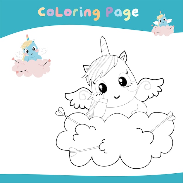 Educational printable coloring worksheet. Cute unicorn illustration. Vector outline