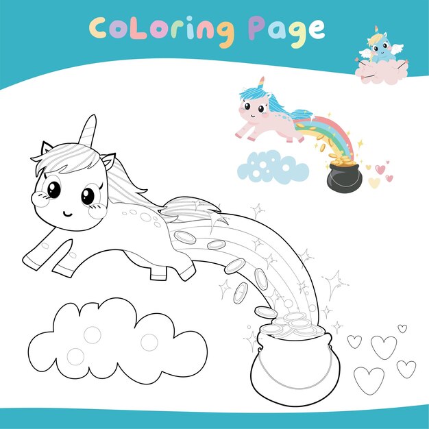 Educational printable coloring worksheet. Cute unicorn illustration. Vector outline