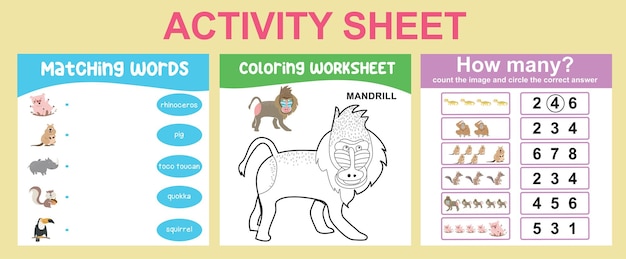 Educational printable worksheet. Activity sheet for children with animal theme. Vector File.