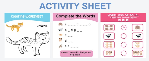 교육용 인쇄용 워크시트. 동물을 주제로 한 어린이를 위한 활동 시트. 벡터 파일.