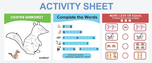 ベクトル 教育用の印刷可能なワークシート。動物をテーマにした子供向けのアクティビティシート。ベクター ファイル。