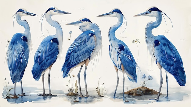 Vector educational and scientific handsketched poster of a variety of blue herons taxidermy