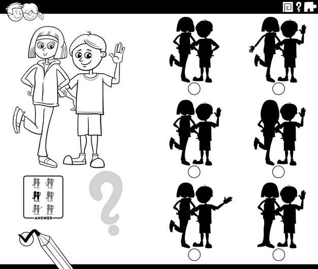 Educational shadows game with girl and boy coloring page