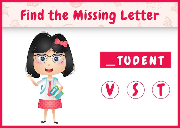 Gioco di ortografia educativo per bambini trova la lettera mancante con una studentessa carina