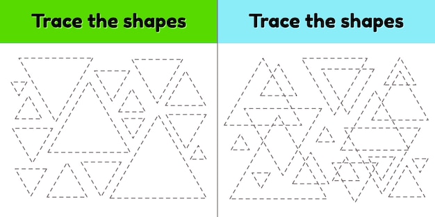 幼稚園、就学前、学齢期の子供向けの教育用トレーシングワークシート。幾何学的形状をトレースします。破線三角形。