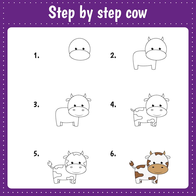 子供のための教育用ワークシート 就学前教育のための段階的なイラストを描く牛活動ページ