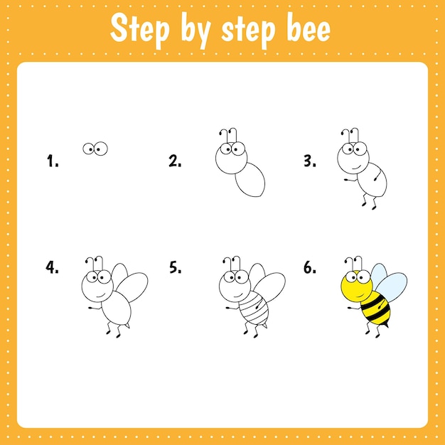 Vector educational worksheet for kids step by step drawing illustration bee insect activity page for preschool education