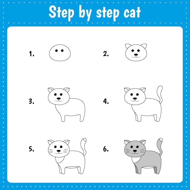 Educational worksheet for kids Step by step drawing illustration Cat Activity page for preschool education