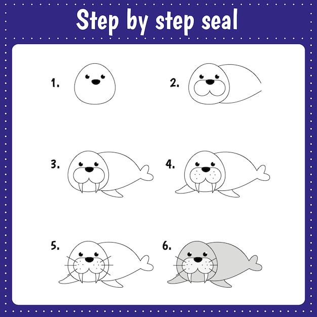 Учебный лист для детей. Пошаговый рисунок. Страница Seal Activity для дошкольного образования.