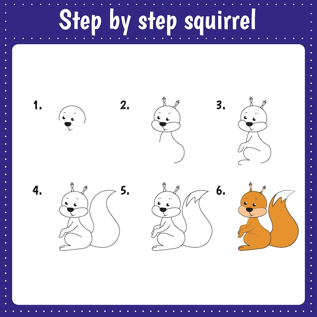 Educational worksheet for kids Step by step drawing illustration Squirrel Activity page for preschool education