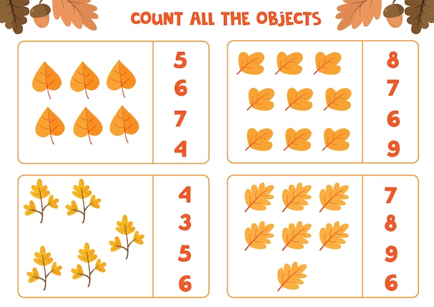 Educational worksheet for preschool kids. Count all the leaves. Math game