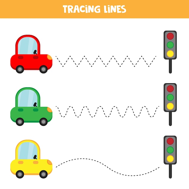 Educational worksheet for preschool kids. tracing lines. colorful cars. car set.