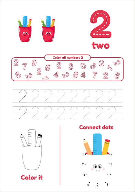 Educational worksheet with color school supplies dot to dot trace for kids Learn number 2