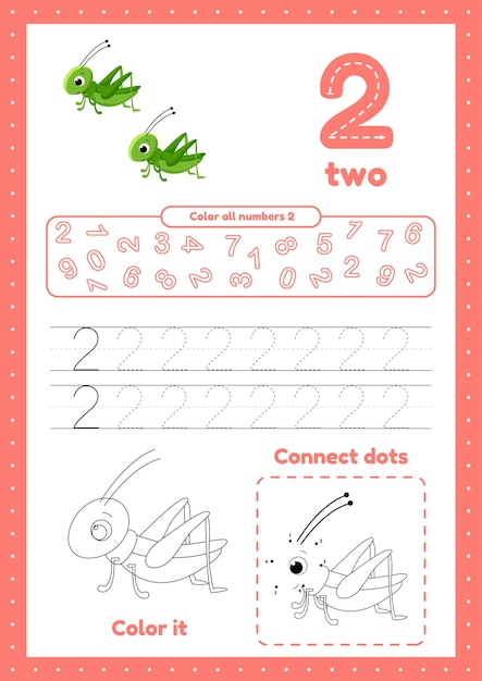 Educational worksheets for preschool kids Many exercises for toddlers Learning number 2 Trace color dot to dot on one pagexA