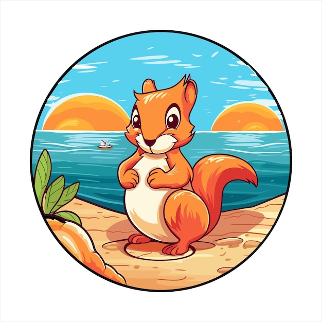 Eekhoorn Leuke Grappige Cartoon Kawaii Kleurrijke Waterverf Strand Zomer Dieren Huisdieren Sticker Illustratie