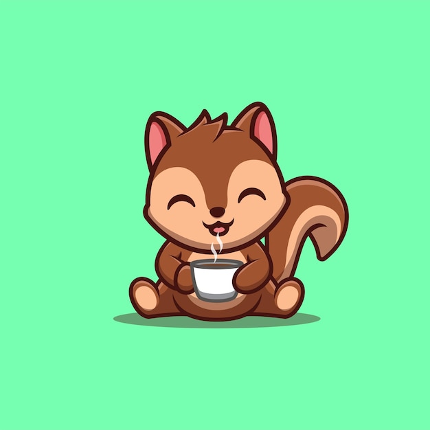 Eekhoorn Zitten Drinken Koffie Leuke Creatieve Kawaii Cartoon Mascotte Logo