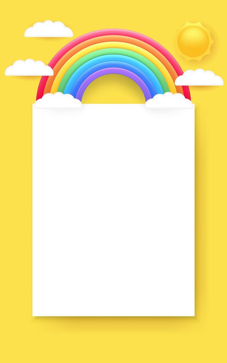 Vector een 3d papieren mockup met een regenbooggele achtergrond sterren en cartoon bloemen ontwerp sjabloon