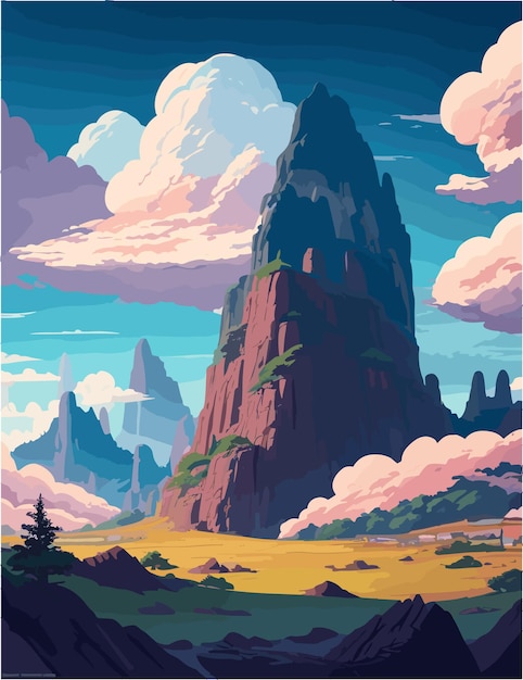 Vector een 4k resolutie platte illustratie van landschap geïnspireerd door onweersbui berg en fantasy landmark