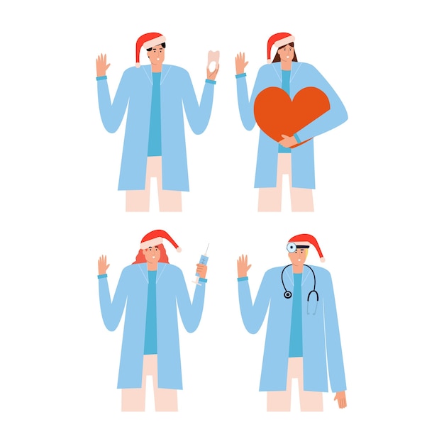 Een aantal artsen in rode kerstmuts. tandarts, kno, cardioloog, therapeut. medische karakters collectie. vectorillustratie in vlakke stijl