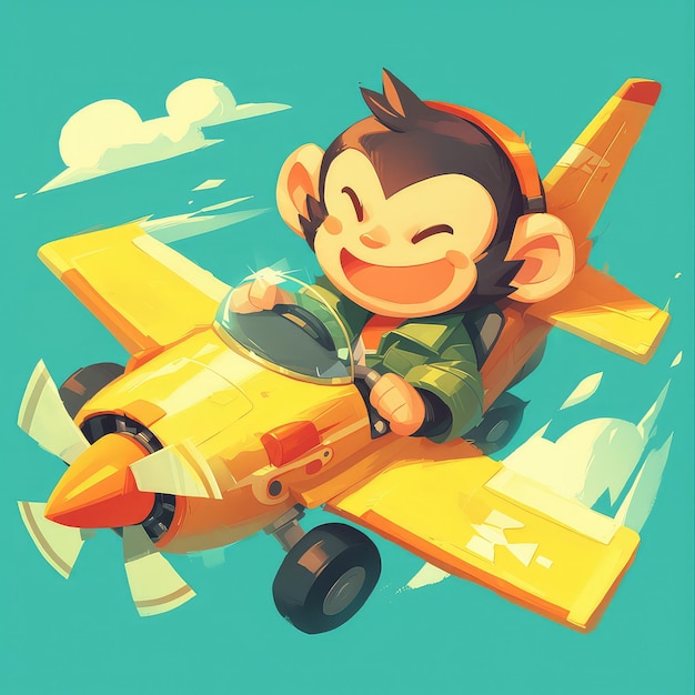 Een aap die een miniatuurvliegtuig piloot in cartoon stijl