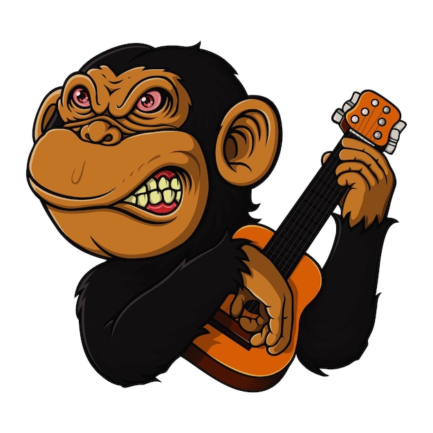 een aap die gitaar speelt met een sticker waarop staat orang-oetan