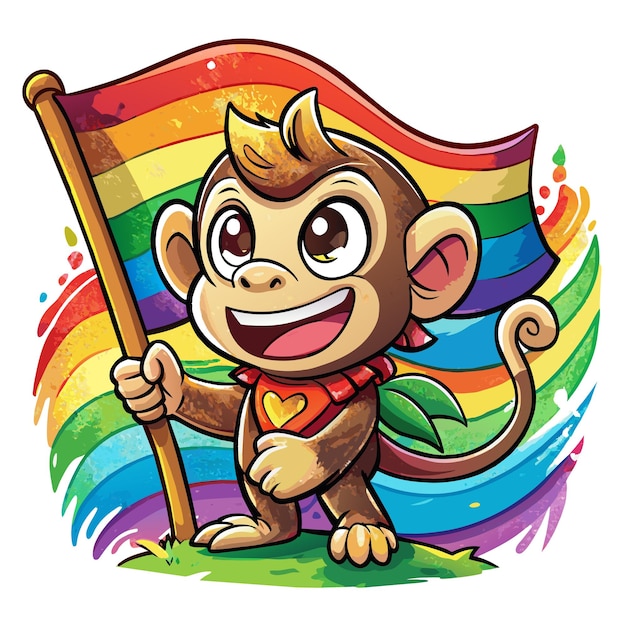 een aap met een regenboogvlag op zijn hoofd
