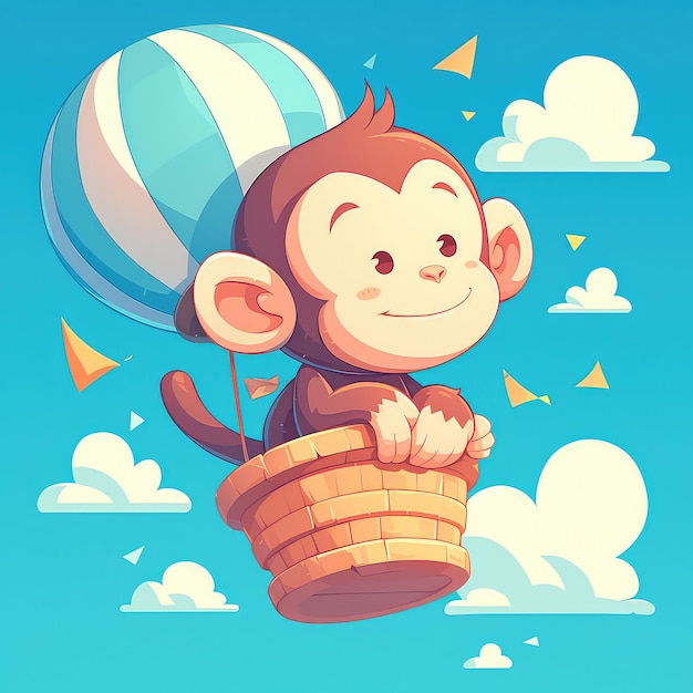 Een aap vliegt met een luchtballon in cartoon stijl.