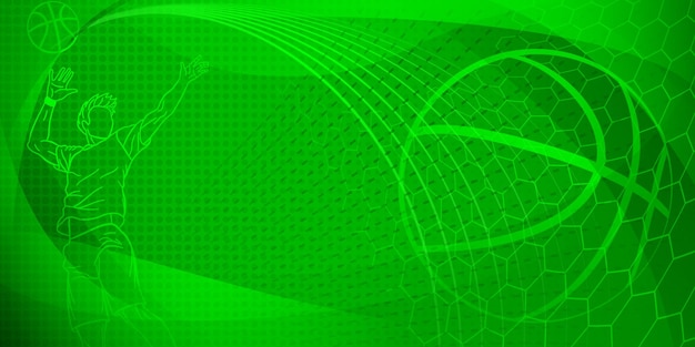 Vector een achtergrond met een basketbalthema in groene tinten met abstracte lijnen, netjes en punten met een mannelijke basketbalspeler en een bal