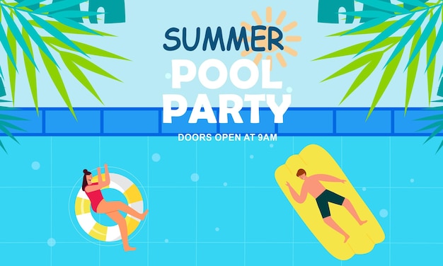 Vector een advertentie voor een poolparty met een man en een vrouw die op de bodem drijven.